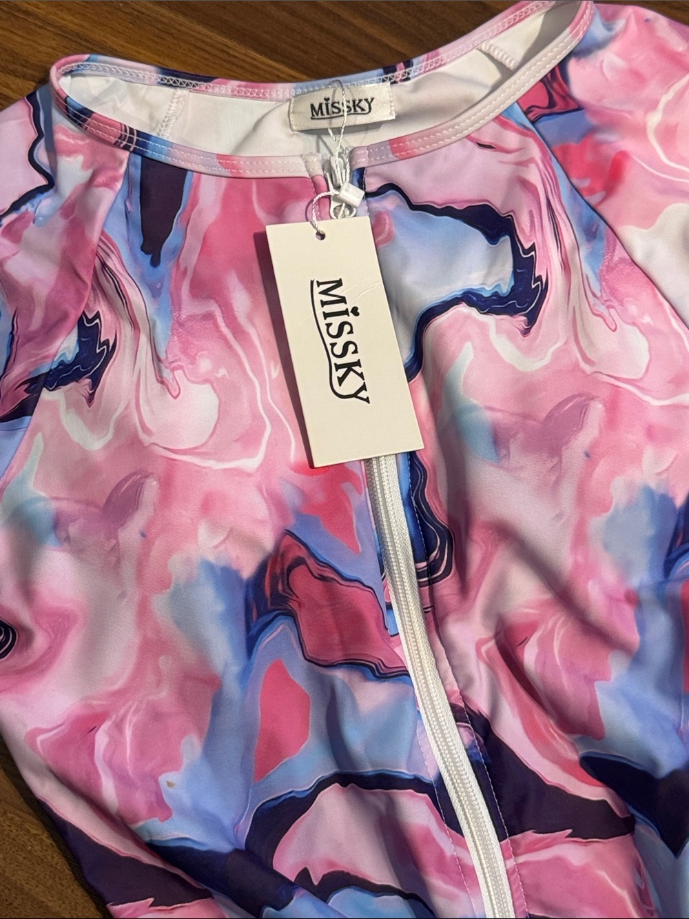 Missky Pink Marble Zip-Front One-Piece Swimsuit NWT - Picture 2 of 5